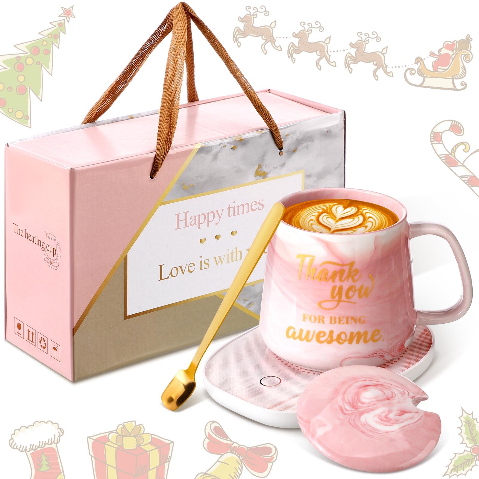 Photo 1 of Nitial Thank You Coffee Warmer with Mug Set for Women Pink Marble Mug Warming Plate Christmas Employee Appreciation Gifts Birthday Gift Christmas for Coworker Volunteer Teacher