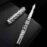 HONG DIAN D1 Piston Fountain Pen Fine Nib, Hollow Skeleton &amp; Resin with Metal Case Set (Silver)