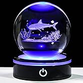 YWHL 3D Shark Figurine Crystal Ball with Colorful Light Base, Shark Gifts for Women Men Shark Lovers on Christmas Birthday, 3D Laser Engraved Shark Sphere Glass Ball for Home Office Decoration (80mm)