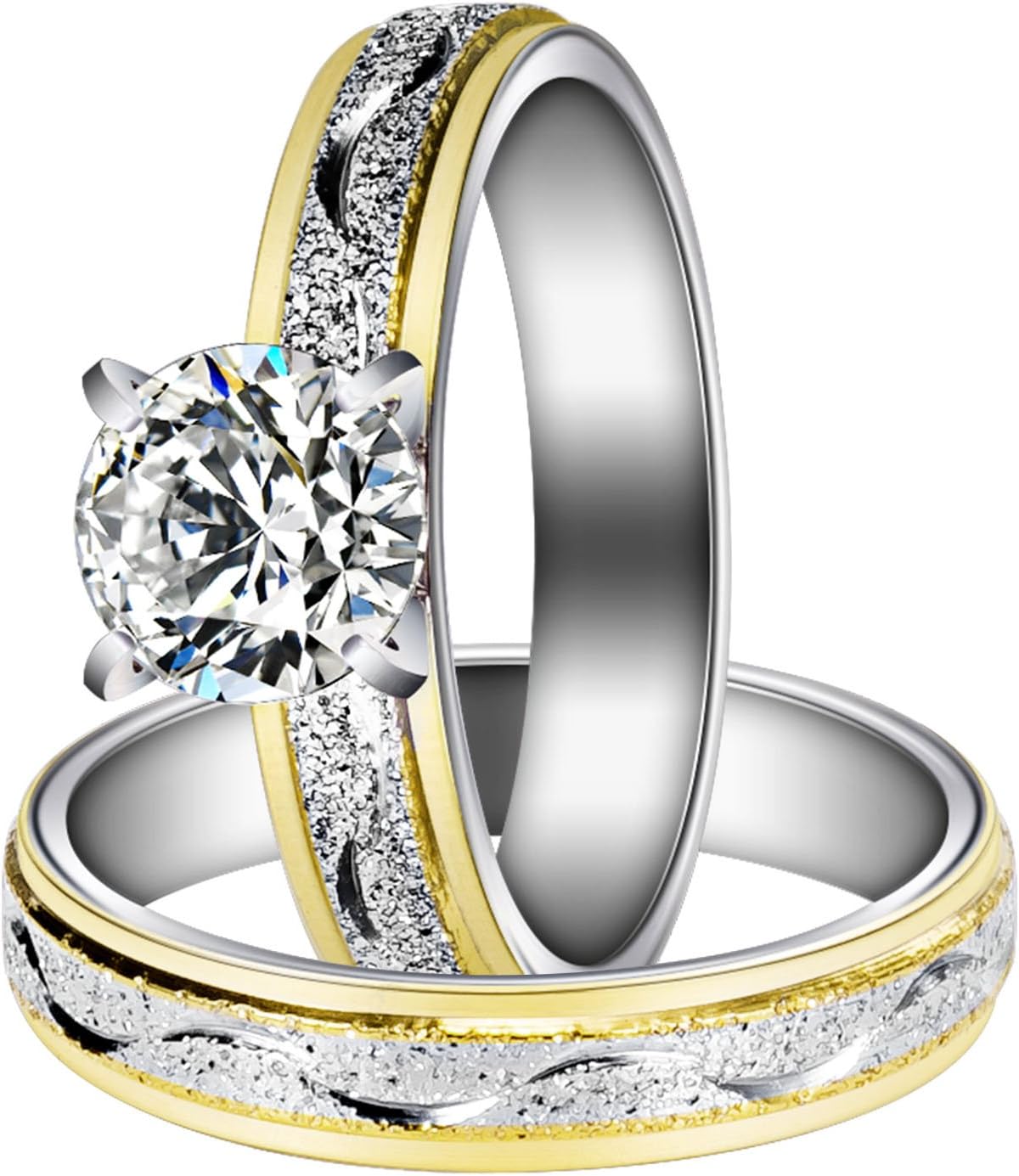 Herinos Women Engagement Rings Set, Stainless Steel Gold Plated Cubic Zirconia Promise Wedding Rings Size 6-9
