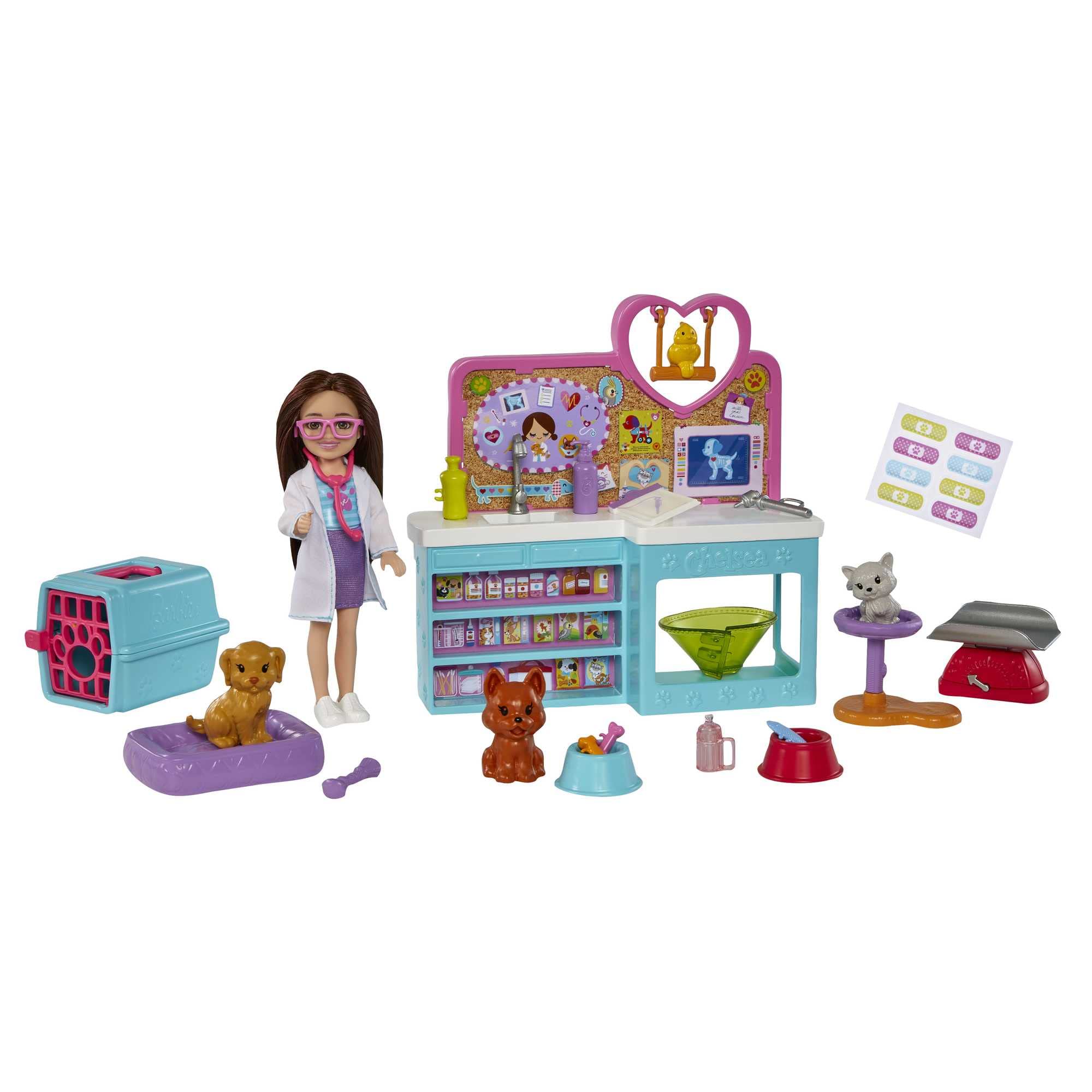 Barbie Chelsea Doll and Accessories, Pet Vet Playset with Doll, 4 Animals and 18 Pieces​​​, HGT12