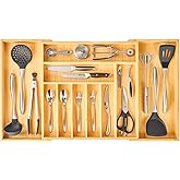 Umilife Extra Large Expandable Kitchen Siverware Utensils Drawer Organizer, 19" Deep for Big Drawer, Adjustable Bamboo Wood Drawer Divider with Curved Grooves, Cutlery Tray Flatware Holder