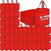 Windyun 50 Pcs Reusable Tote Bag Bulk 8 x 4 x 10 Inch Non Woven Shopping Bag with Handle Christmas Reusable Grocery Gift Tote (Red)