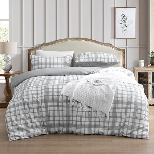 PHF Washed Soft Duvet Cover Set Super King Size, 3PCS Checkered Comforter Cover Set, Ultra Soft Duvet Cover with Pillow Shams Bedding Collection(Super King Size, 260 x 220 cm, Grey)