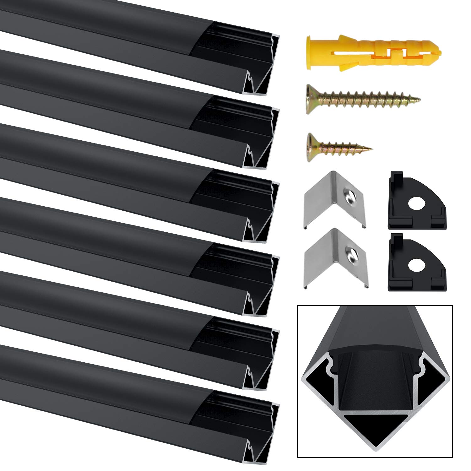 Jirvyuk Aluminum Channel, 6 Pack 1m/3.3ft V Shape LED Profile and Diffuser with Black Cover for Indoor End Caps and Metal Mounting Clips Aluminum