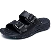 Skechers Women's Reggae Jammin' Buckle Sandal | Oiled Leather Upper, Double Adjustable Metal Buckles, Contoured Cushioned Footbed, Wide Fit