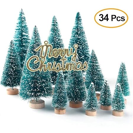 Xueliee Set Di 34 Mini Alberi Di Natale Con Aghi In Agave Aspetto Innevato In Plastica Decorazioni Invernali Da Tavolo 34 Pezzi