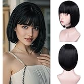T-color Black Bob Wigs for White Women - 12'' Short Bob Wigs With Bangs Natural Fashion Synthetic Wig Colorful Synthetic Hair for Daily Cosplay Halloween