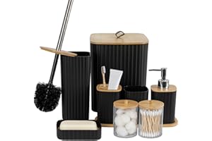 Capslpad Bathroom Accessories Set 9PC,Black Bamboo Matte Bathroom Accessory Set with Trash Can,Toilet Brush,Soap Dish,Toothbr