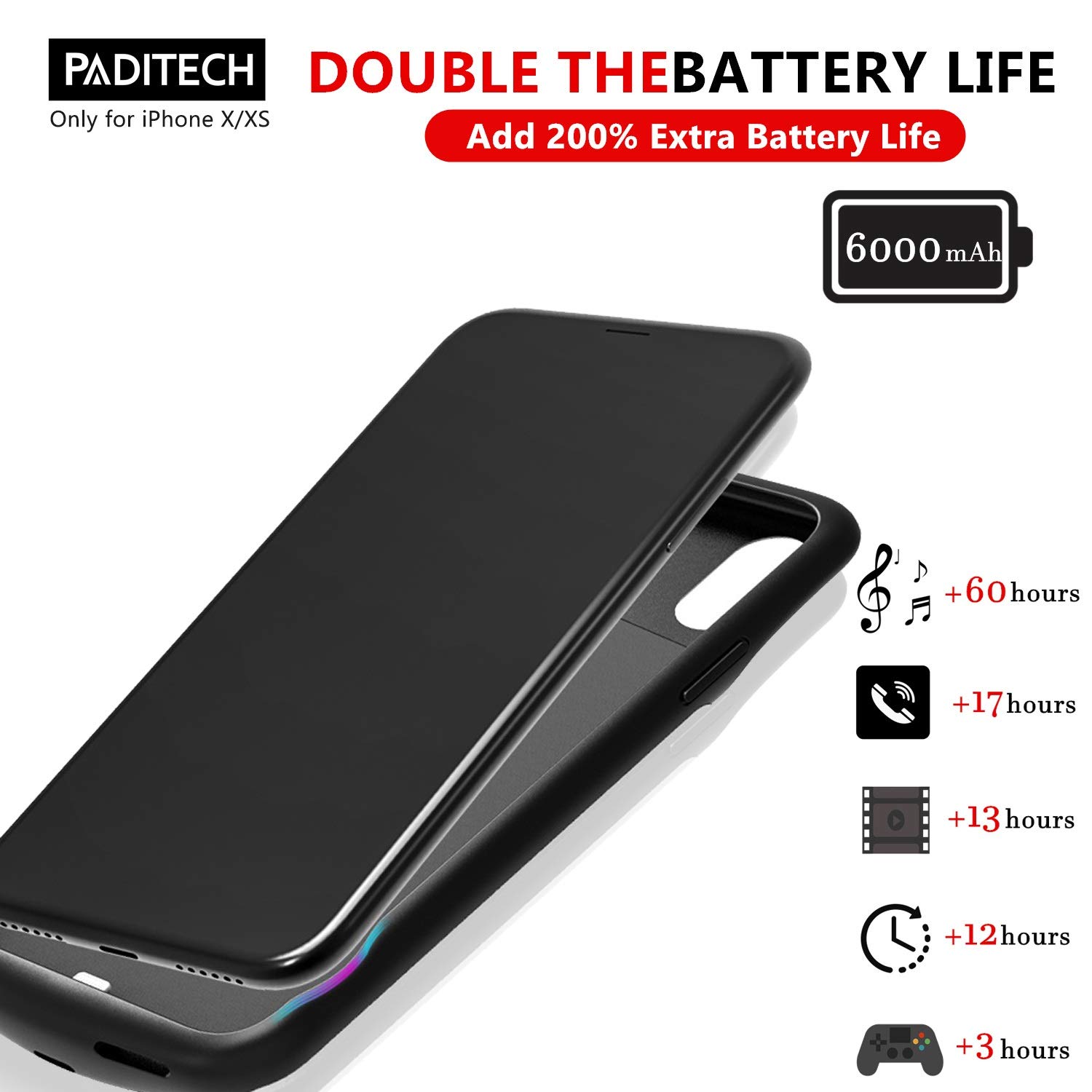 PADITECH Coque Batterie pour iPhone X/XS, 6000mAh Chargeur Portable Batterie Externe Rechargeable Puissante Power Bank Coque Batterie pour iPhone X/XS [5.8 Pouces]
