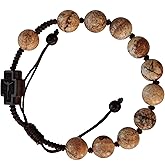 Sine Cera Picture Jasper Stone/Jujube Wood 1 Decade Catholic Rosary Bracelet, Double-sided Laser Engraved Centerpiece with Crucifix/Madonna with Child, Adjustable Corded Design, Smooth 10mm Beads