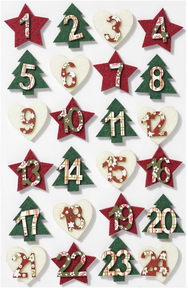Mini Wooden Numbers Set 1-24 Approx. 30 mm Felt Red / Green / Cream