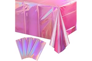 4 Pack Iridescent Pink Plastic Tablecloths, FunnyPars Shiny Disposable Laser Rectangle Table Covers, Holographic Foil Tablecloth Iridescent Party Decorations for Birthday Wedding Christmas, 54x108Inch