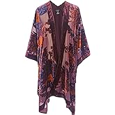 Burnout Velvet Kimono for Women Long Cardigan Cover Up Open Front Blazer