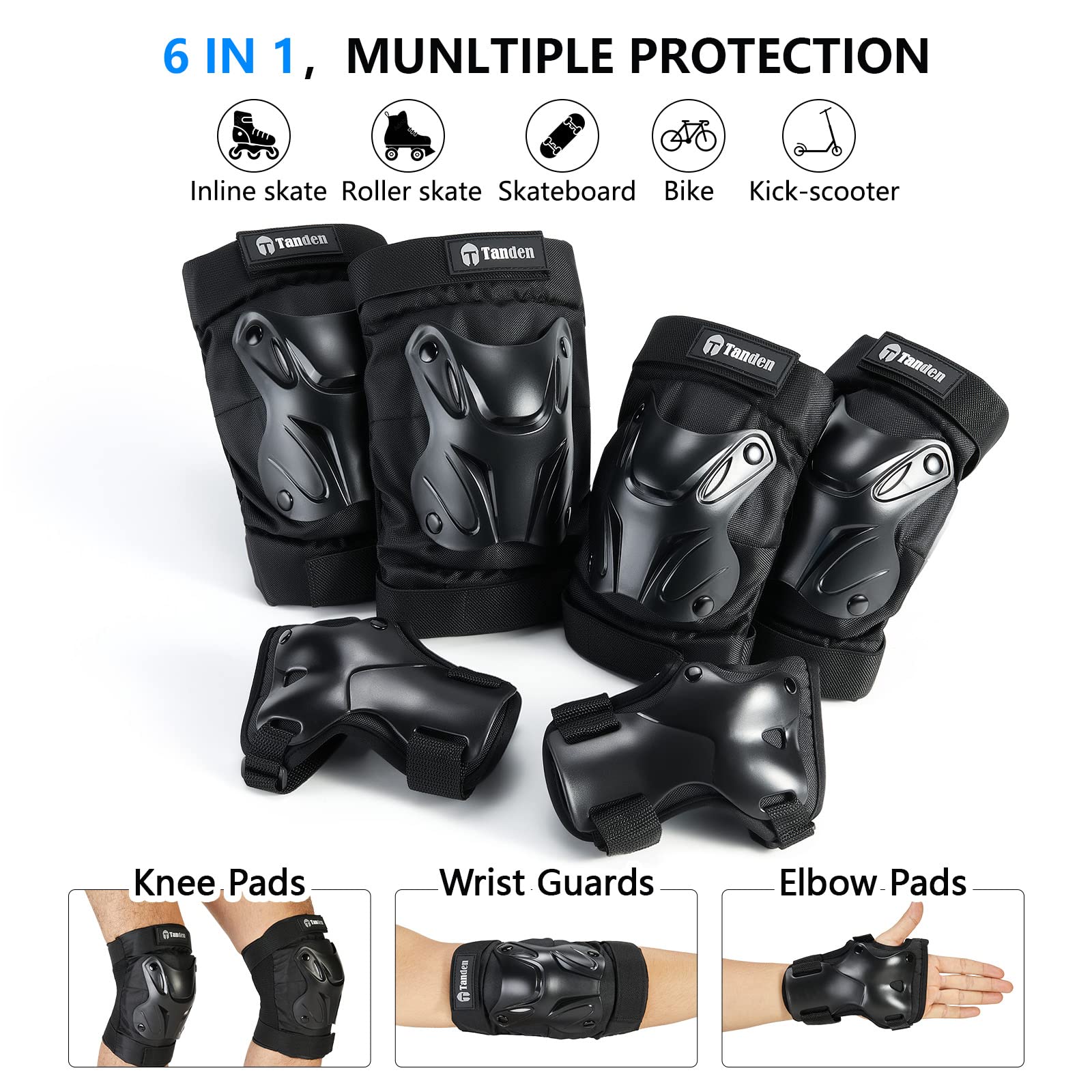 Skating Protective Gear Knee and Elbow Pads Wrist Guards for Roller Skating Skateboarding, Skate Pads Adult Knee Pads