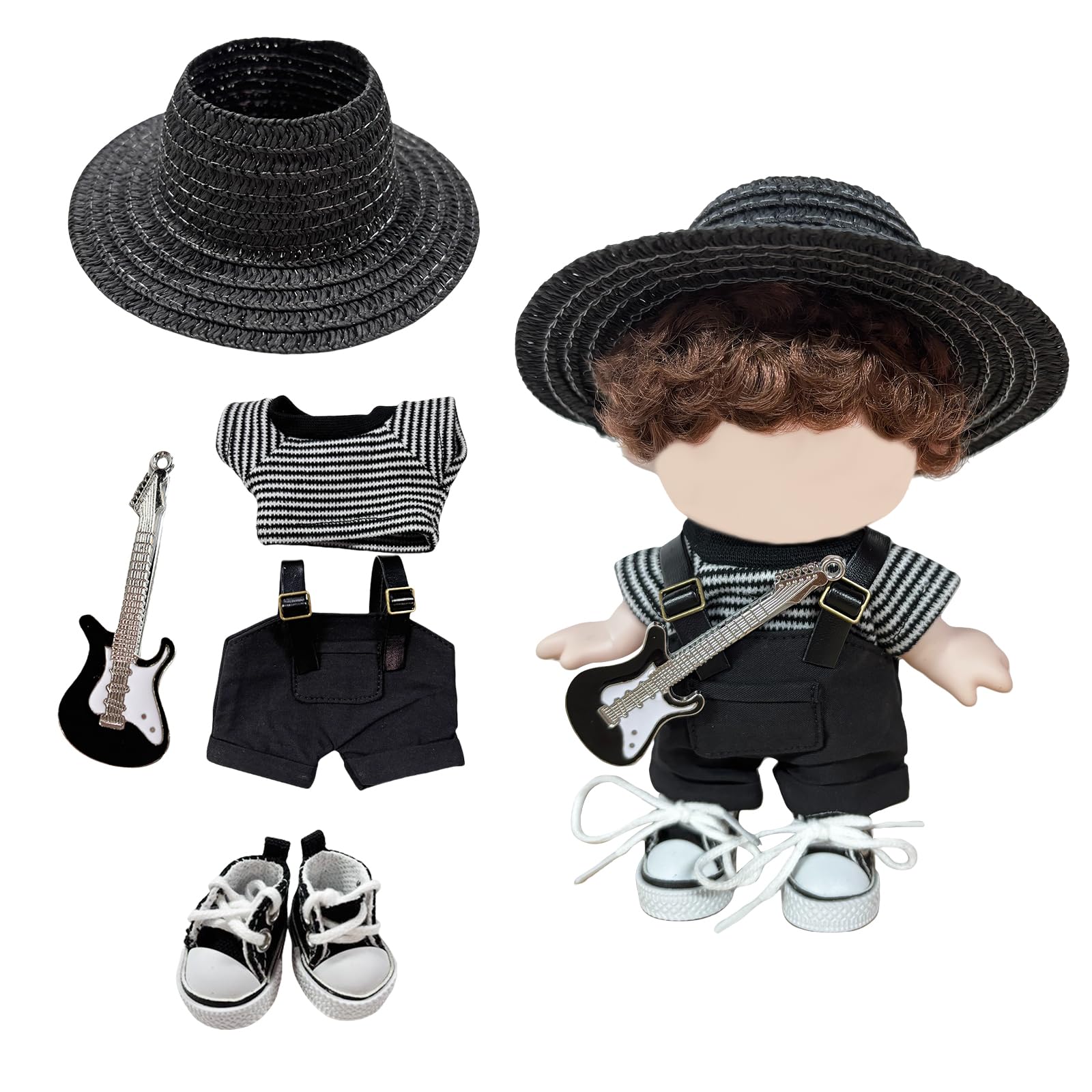 Mrltau Cool Rockstar Doll Clothes Outfit for 15/17 cm Vinyl Plush Doll | 5-Piece Black & White Musician Set with Overalls, Striped Shirt, Woven Hat, Sneakers & Guitar Accessory