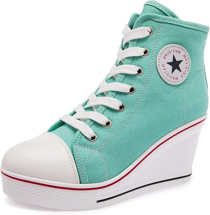 Wealsex Women's Canvas Wedge Shoes Trainers Ladies Lace Up Side Zip