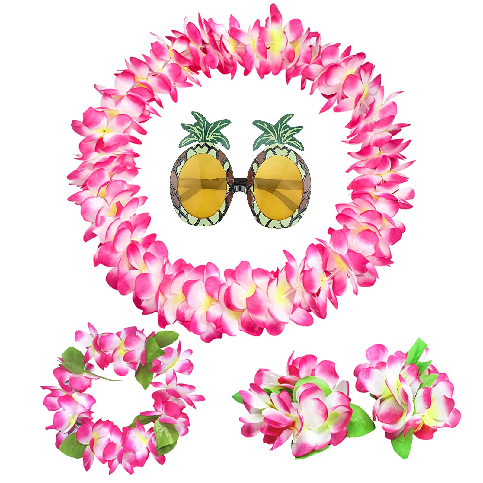 XEPST Hawaiian Party Supplies Set, Pink Hawaiian Flower Lei with Pineapple Sunglasses, Headbands, Necklace and Wristbands, Silk and Polyester Material, Round Shape