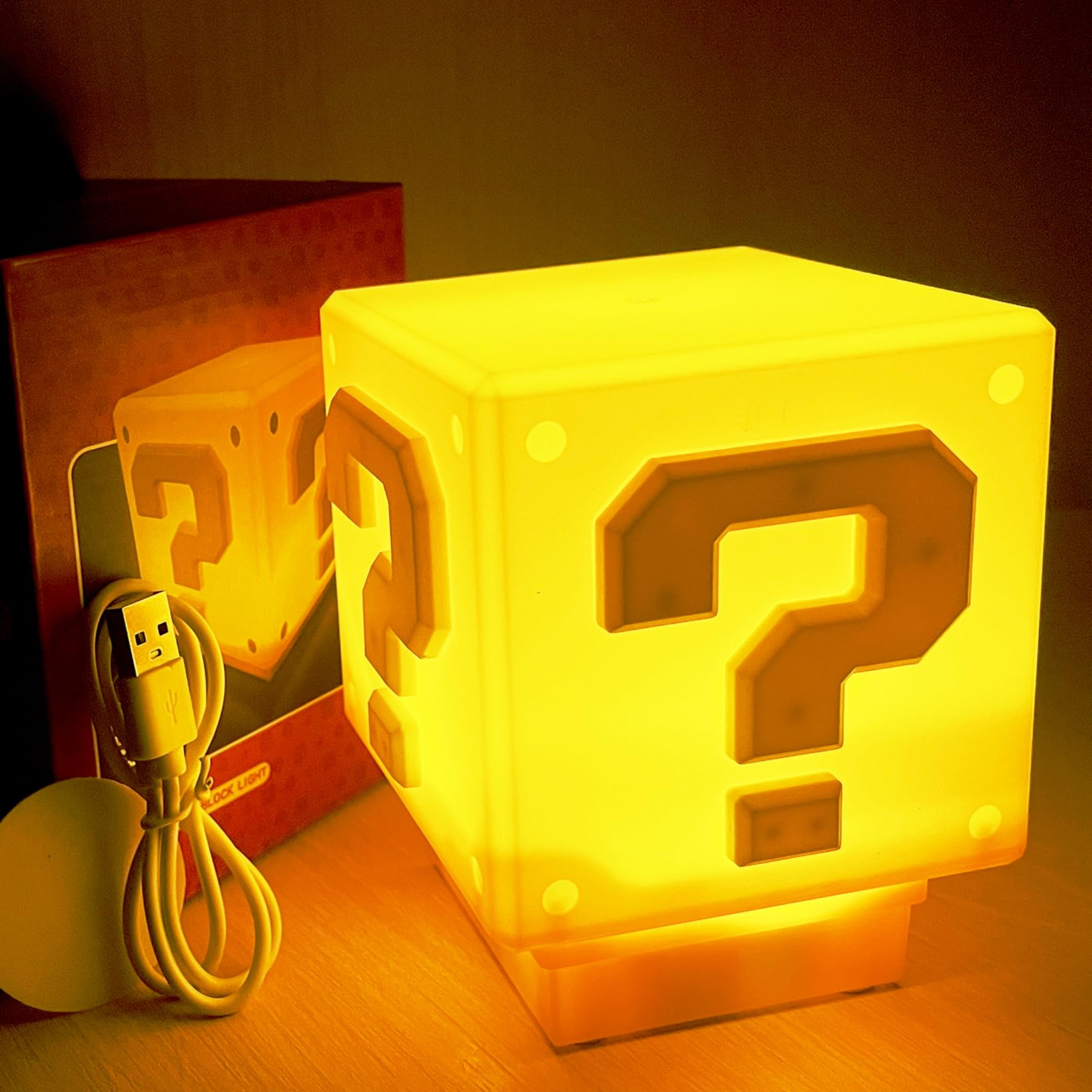 hopanrel Super Bros Question Block Lamp, Square LED Night Light with USB Cable, Game-themed LED Lamp, Yellow, Polycarbonate, Kids Room Decor