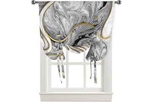 ARTSHOWING Marble Texture Tie Up Curtain for Kitchen Adjustable Balloon Window Shade 45 Inch Length Abstract Marble Texture White Rod Pocket Curtain Drape for Bedroom Living Room 34"x45" Valance