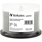 Verbatim DVD+r Dual Layer Printable Recordable Disc, 8.5 Gb, 8X, Spindle, White, 50/Pack