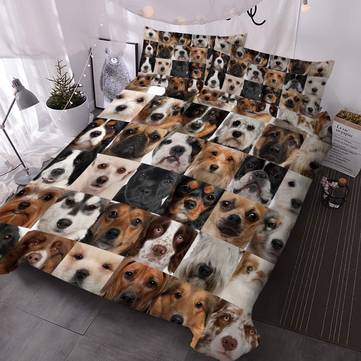 BlessLiving Kids' Duvet Cover Sets Duvet Covers Collage of Dog Heads Pattern Bed Sets 3 Pieces 1 Duvet Cover and 2 Pillow Cases Cute Puppy Dogs Bedding for Kids (Double)