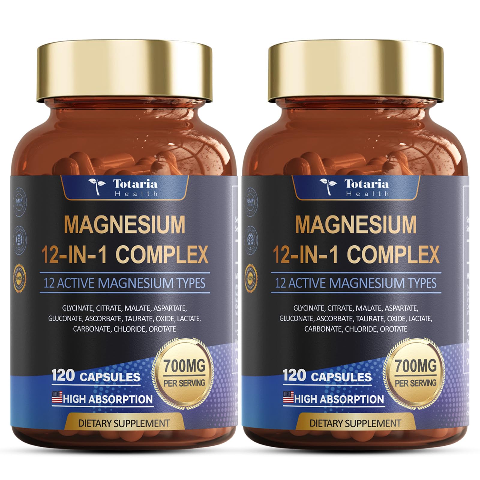 Magnesium Complex 700mg 12 in 1 Magnesium Supplement with Glycinate Citrate Malate Oxide Taurate Aspartate Orotate Magnesium Relaxation,Muscle,Heart Support, Vegan 120 Capsules 2PK Image