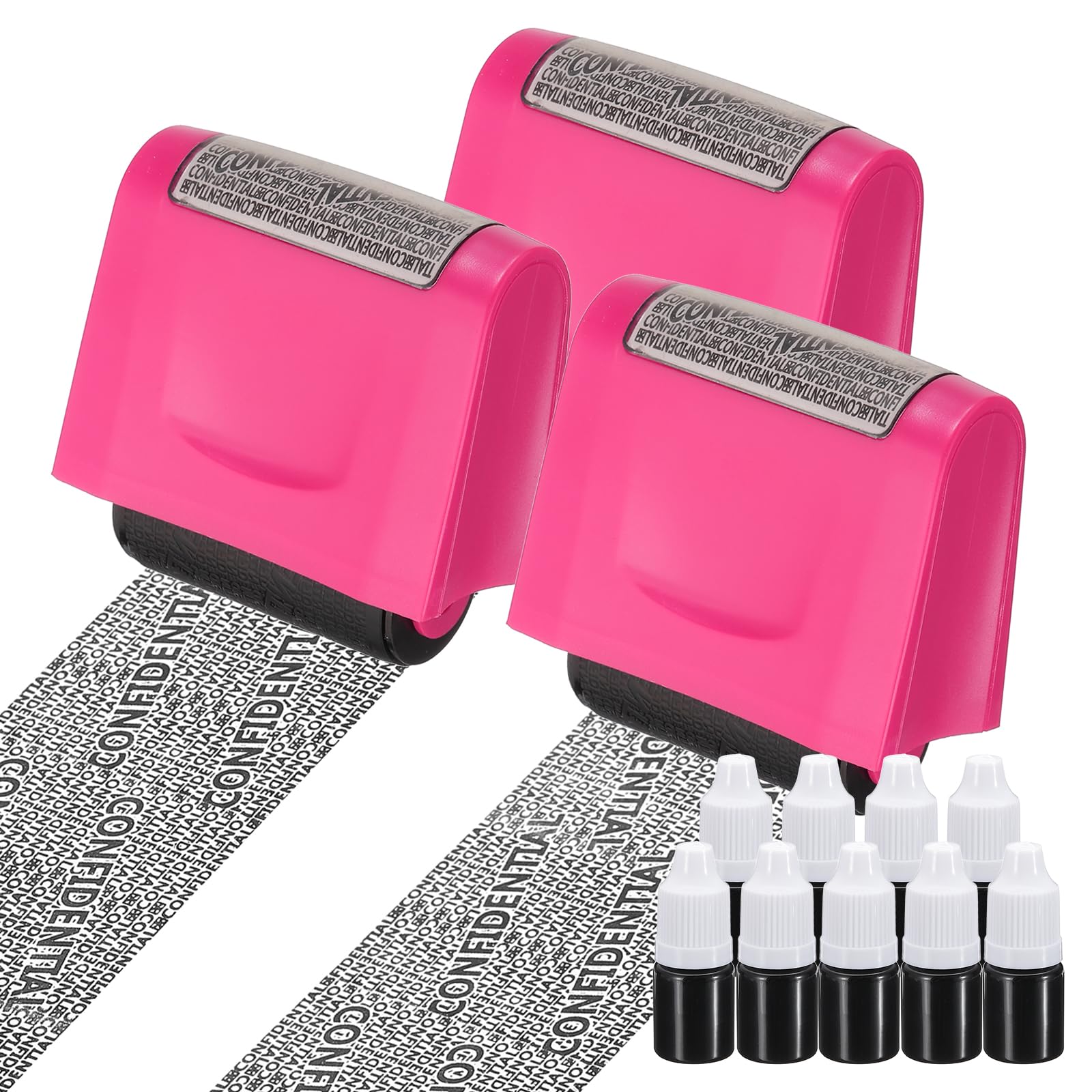 PATIKIL Identity Theft Protection Roller Stamp, 3Pcs 0.7" Confidential Roller Stamp Privacy ID Police Stamp Roller for Security ID Address with 9Pcs Refills, Pink