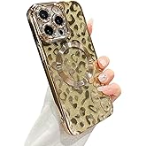 ZONRW for iPhone 14 Pro Max Case Magnetic,Soft Cute Luxury Leopard Cheetah Pattern Plating Glitter Bling Phone Case Compatible with MagSafe Clear Shockproof Back Cover for Women Girl 6.7"-Gold