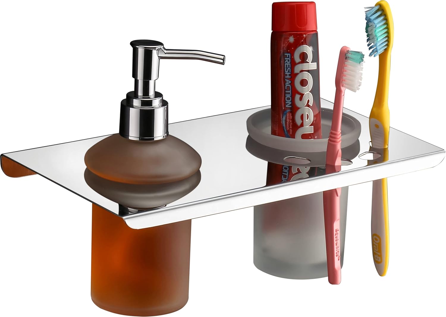 Plantex Stainless Steel and Glass Soap Dispenser with Toothbrush Holder