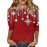 BTCOW Womens 3/4 Length Sleeve Tops Casual Round Neck Print Trendy Loose Fit Three Quarter Length T-Shirts