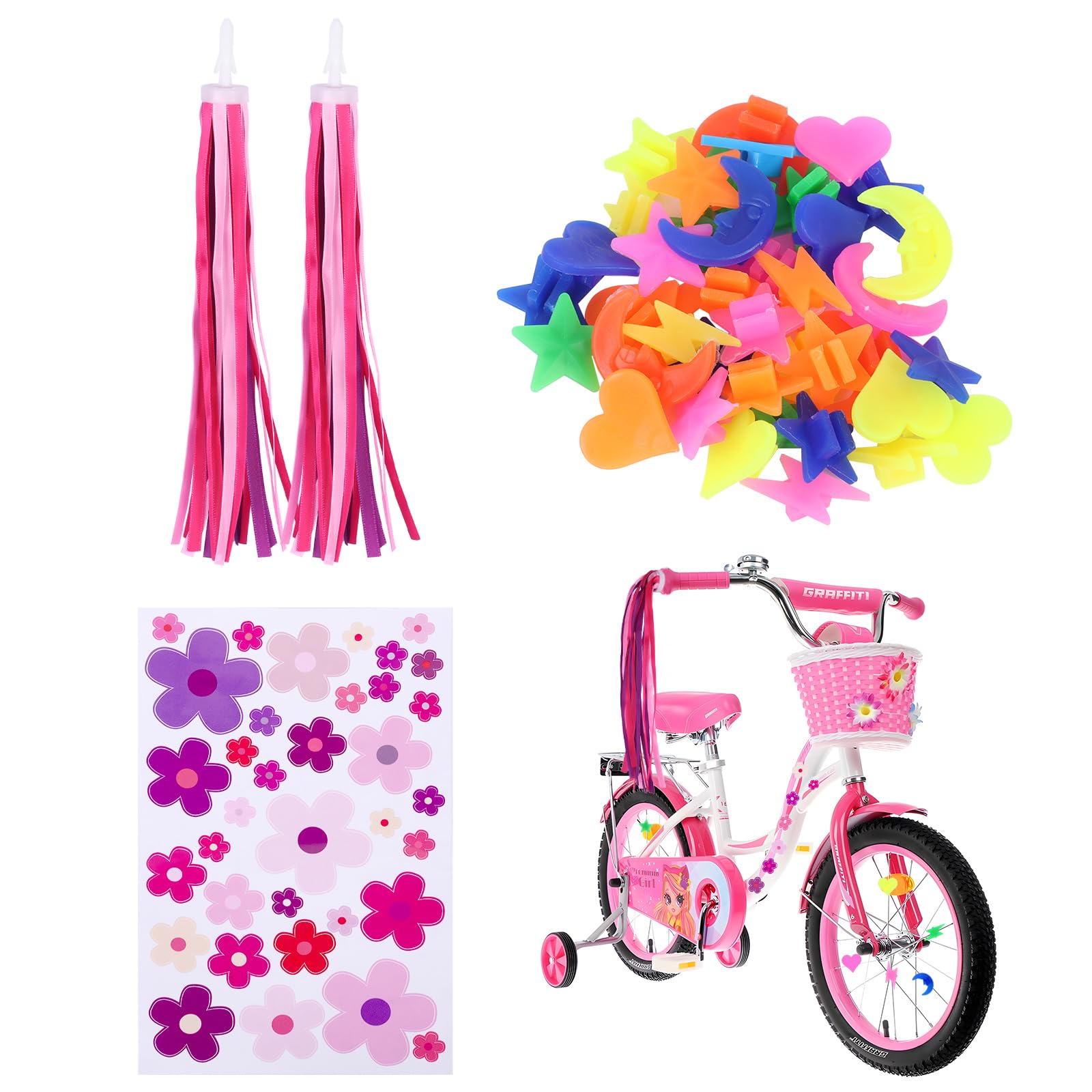 Bomiclss Kids Bike Streamers Bike Spoke Beads Bike Flowers Stickers Set, Kids Bike Accessories for Scooter's tricycle's bike's Handlebars, Colorful Ribbons Tassel for Girls Bike Decorations (Pink)