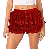 Fjfsoo Women Lace Bloomers Ruffle Layered Mini Boy Shorts Lolita Short Pants Y2k Sweet Lace Low Waist Pumpkin Pants