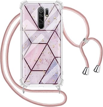 Greneric Funda con Cuerda para Xiaomi Redmi 9, Carcasa Mármol Brillante Ultrafina Rígida PC con Correa Colgante Ajustable Collar Correa de Cuello ...