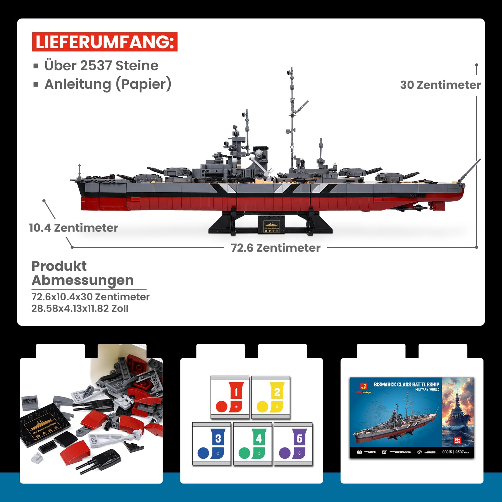 JMBricklayer Bismarck Schlachtschiff Klemmbausteine Bausatz 60015, 2537 Teile WWII Kriegsschiff Modell für Erwachsene, MOC Deko für Zuhause & Büro, Geschenk für Jungen & Männer ab 14 Jahren 7