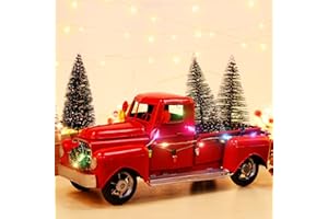 AerWo Christmas Farmhouse Red Truck Decor, LED String Lights Vintage Red Metal Pickup Truck Car Model with Mini Christmas Trees Ornaments, for Christmas Decorations and Table Top Decor