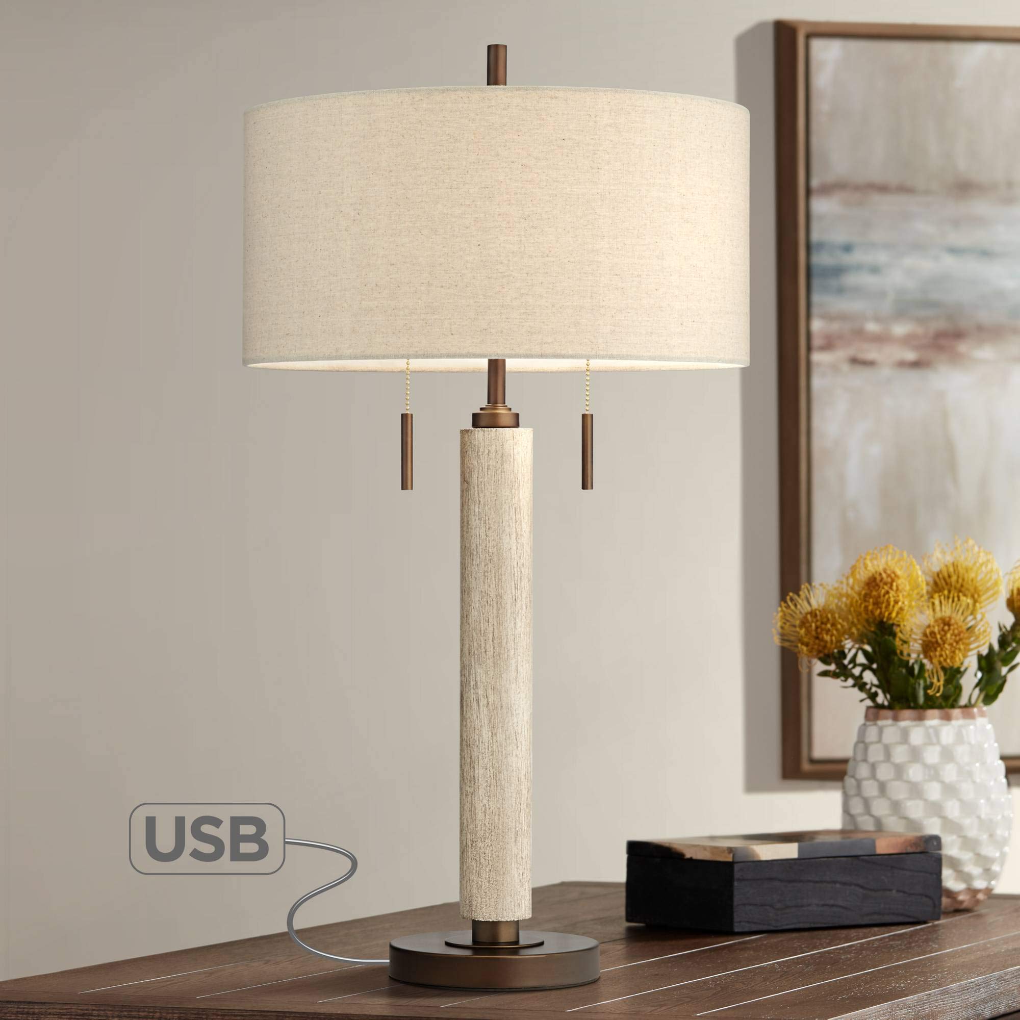 Buy Hugo Mid Century Modern Table Lamp with USB Charging Port Whitewash