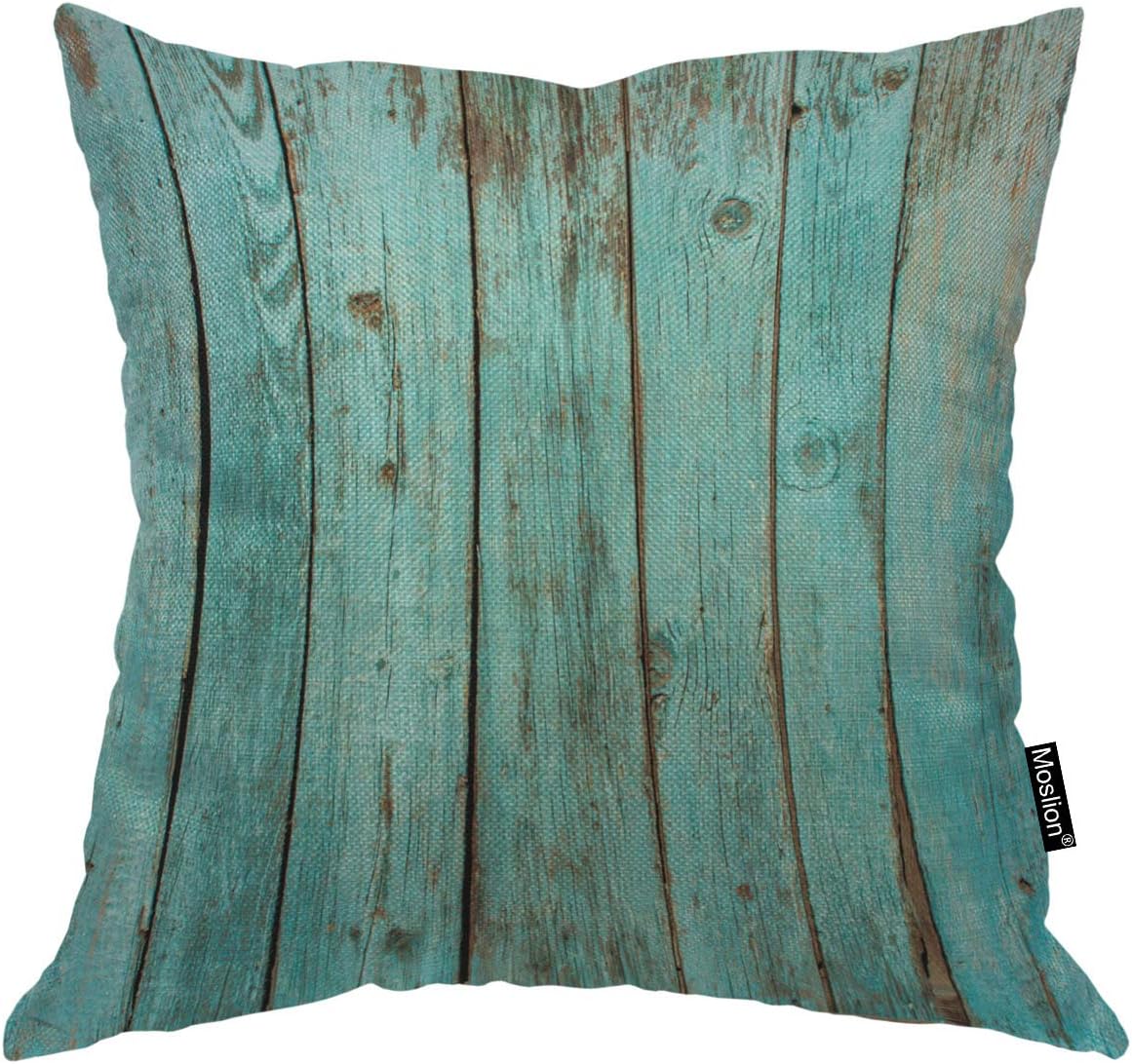 Moslion Throw Pillow Cover Board 18x18 Inch Turquoise Wood Teal Barn Wood Weathered Beach Square Pillow Case Cushion Cover for Home Car Decorative Cotton Linen