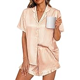 LILLUSORY Womens Satin Silk Pajamas Set 2 Piece Ruffle Pjs Winter Matching Lounge Sleepwear Button Down Striped Shirt Shorts