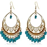 KVANU Handmade Creative Colorful Bohemian Chandelier Teardrop Bead Dangle Drop Earrings Ethnic Gypsy Beads Tassel Hoops Earrings for Women