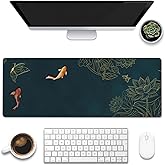 Eflxamz Large Gaming Mouse Pad, Koi Fish Ink Painting Desk Mat, Golden Line Lotus Desk Pad, Extended Big Computer Keyboard Mouse Pad with Non-Slip Base and Stitched Edge, 31.5"x11.8"