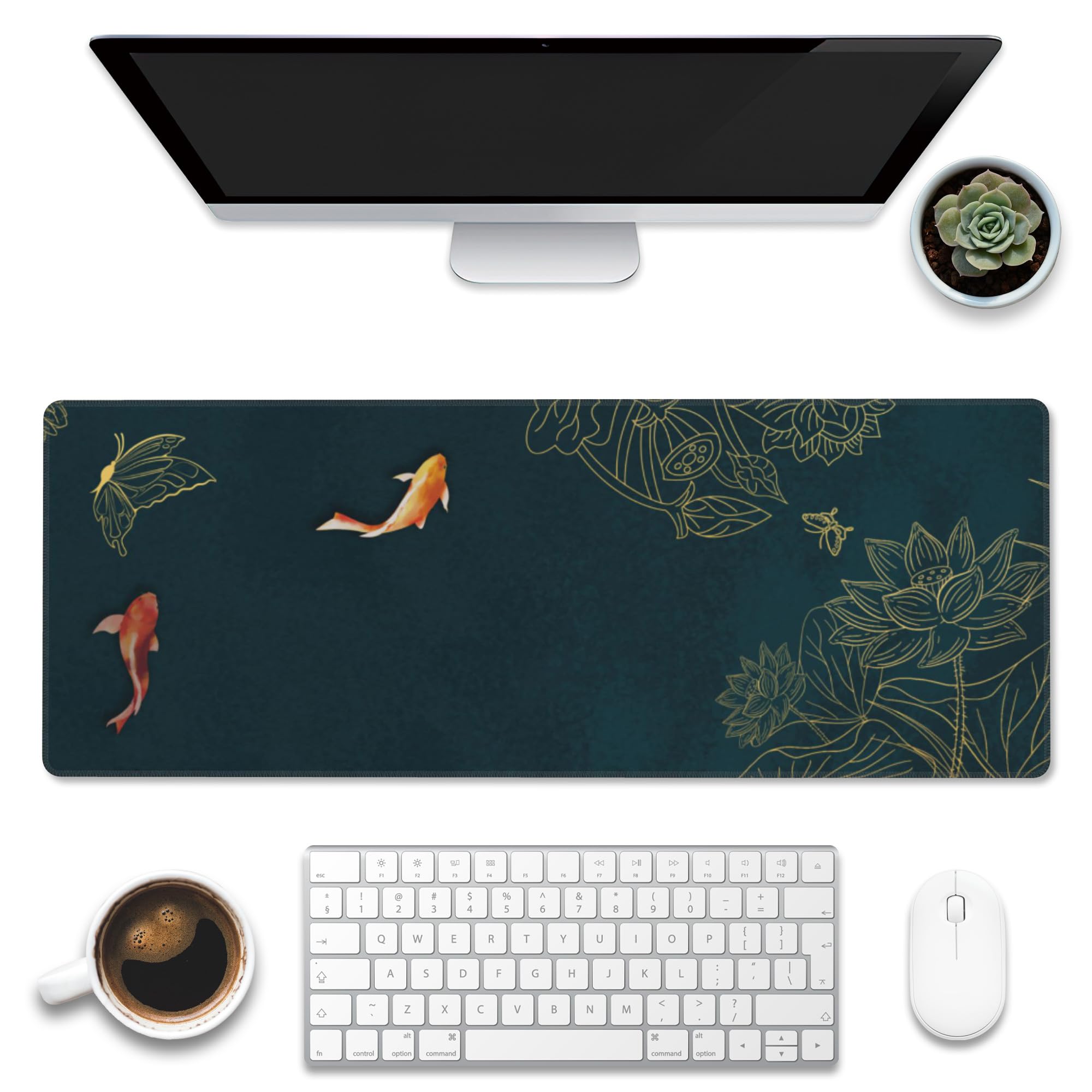 Photo 1 of Eflxamz Large Gaming Mouse Pad, Koi Fish Ink Painting Desk Mat, Golden Line Lotus Desk Pad, 31.5"x11.8"