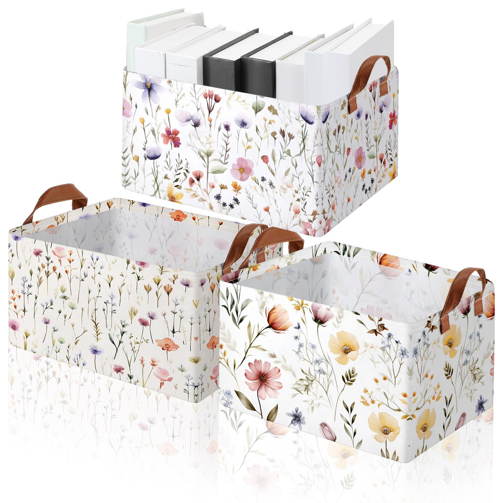 Photo 1 of Boao 3 Pcs Wildflowers Storage Bin Wildflowers Collapsible Large Storage Baskets for Gifts Canvas Laundry Basket Foldable Box with Handle for Office Home Bedroom Clothes