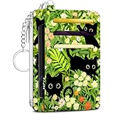 Hllwxrk Credit Card Holder Small Wallet for Women，Black Cat and Flower | Slim RFID Wallet Front Pocket with Zipper Coin Pocket, Travel Thin Card Case with ID Window