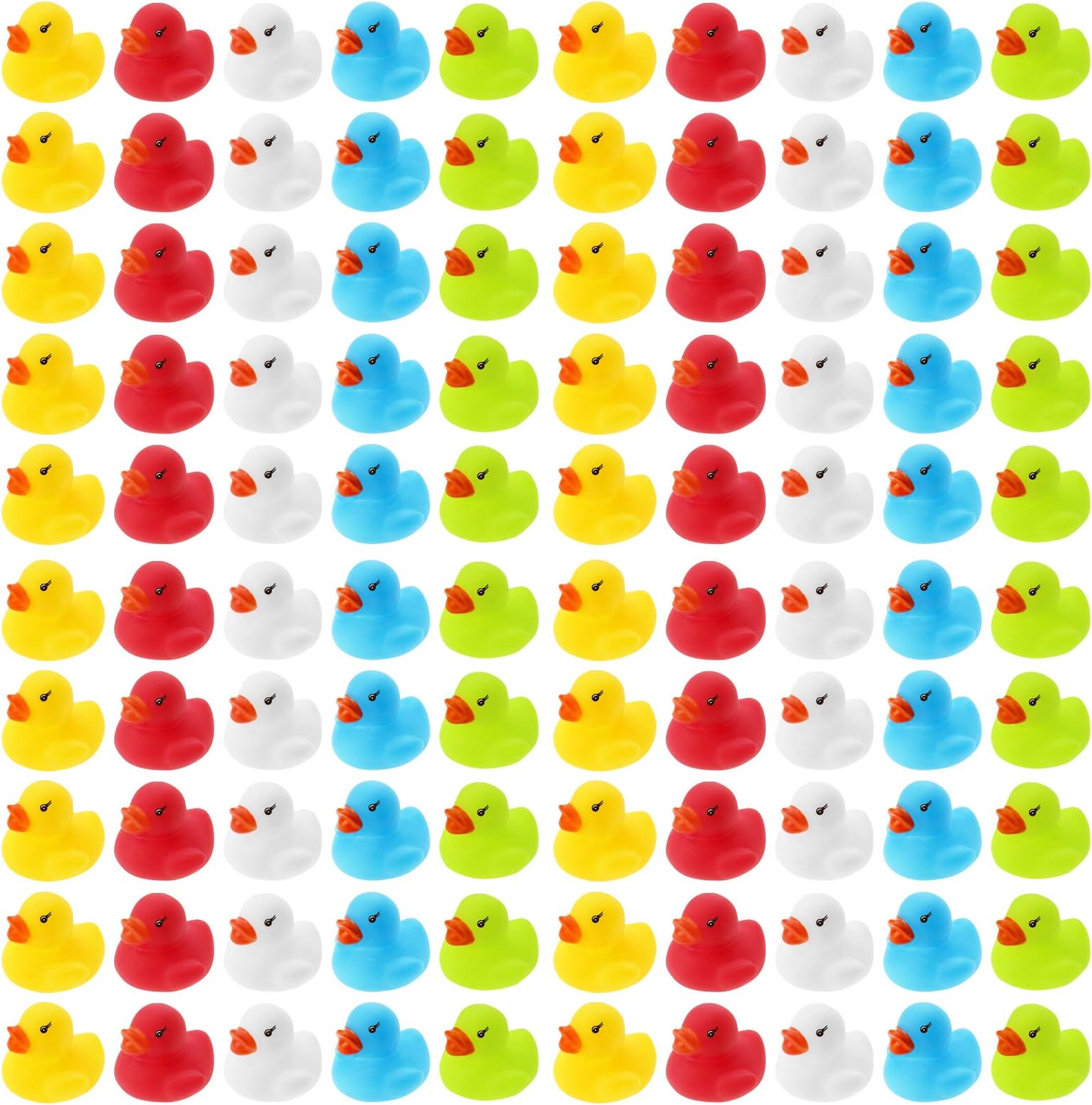 Wellgro 100 Bath Ducks - Colourful (Yellow, Red, White, Blue, Green). Each duck approx. 3.5 x 3 cm (diameter x height), rubber duck, in a net.