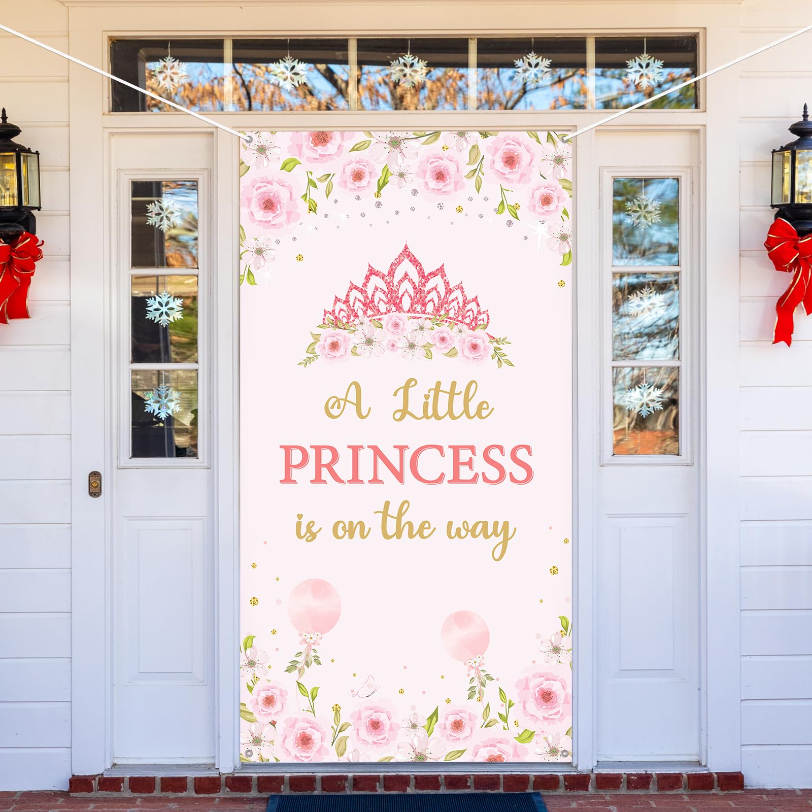 Photo 1 of Mokonate A Little Princess is on the Way Door Banner Decoration,Girl Baby Shower Party Door Cover Decor, Crown Gender Reveal Party Decoration, Baby Shower Photography Background,Pink,73 x 37 inch