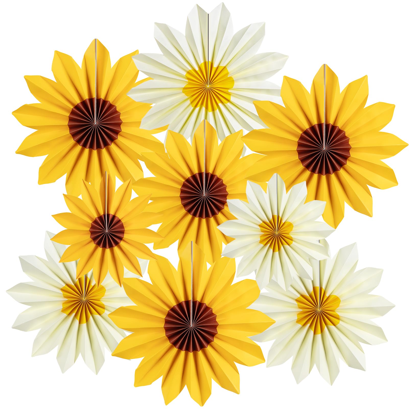 SUNBEAUTY 9 Pcs Sunflower Yellow Paper Fans Hanging Paper Flowers Party Decorations Sunflower Bee Hanging Fans for Baby Showers Birthdays Spring Decor