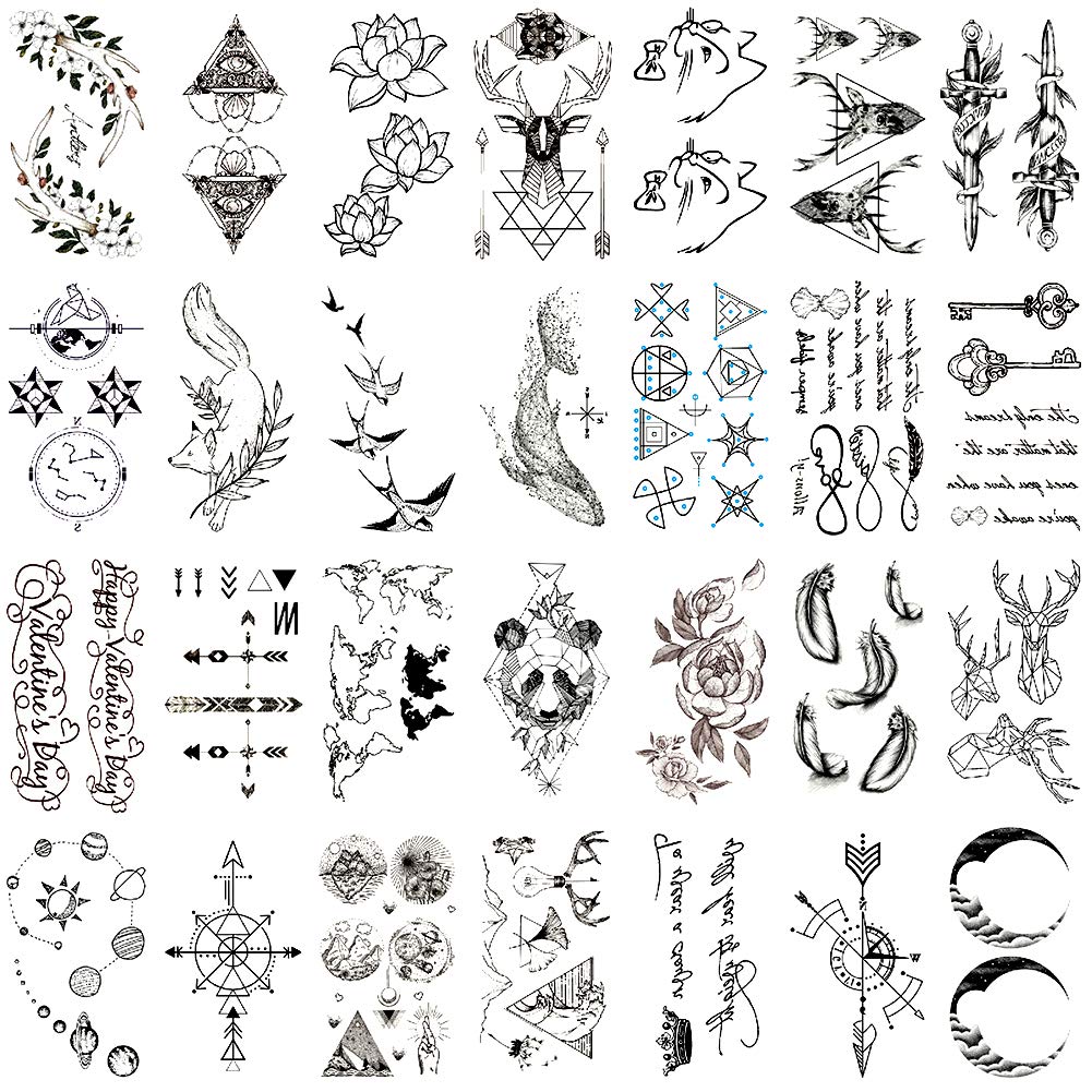 Oottati 30 Sheets Small Cute Temporary Tattoos Kit - Black Arrow Deer Whale Panda Flower Planet Lotus Moon Fox Sword Swallow for Women