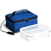 HOTLOGIC Mini Portable Electric Lunch Box Food Heater with Glass Container - Food Warmer and Heated Lunch Box for Adults Car/Home - Cook, Reheat, and Keep Your Food Warm - BLUE - 12V