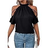 SweatyRocks Women's Cold Shoulder Criss Cross Mock Neck Short Sleeve Blouse Shirts